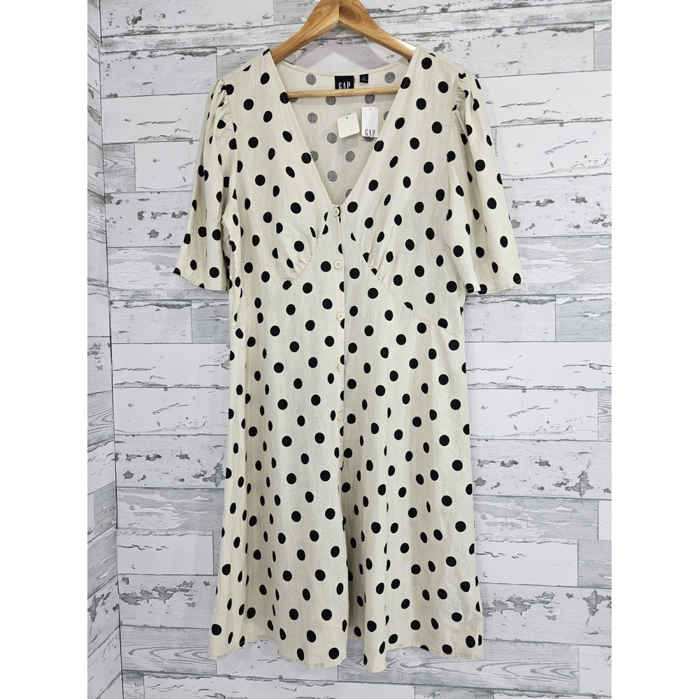 Gap Women Polka Dot Linen Blend Button Front Midi Dress Cream Black L Tall
